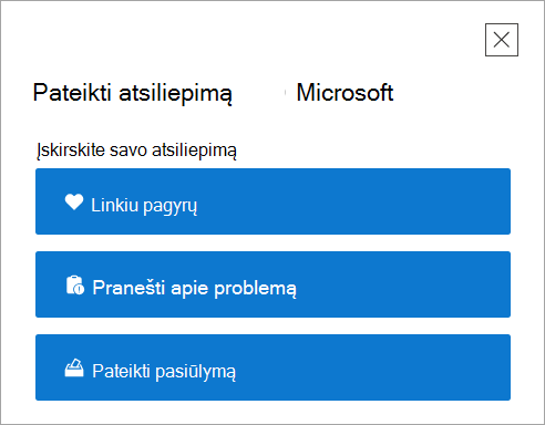 Atsiliepimų pateikimo aukščiausio hierarchinio lygio puslapis programoje Pagalba.