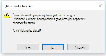 Įspėjimas apie nesaugų „Outlook“ priedą
