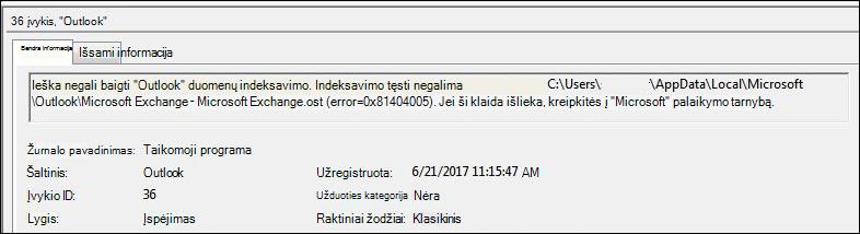 „Outlook“ įvykių žurnalo įspėjimas