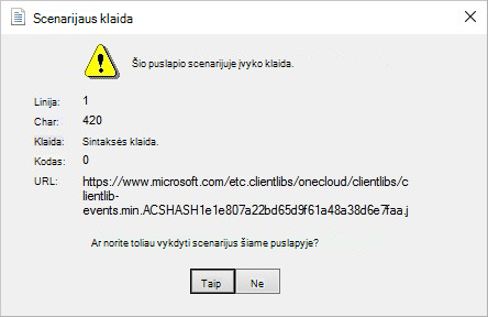 Klaidos pranešimo ekrano kopija, Šiame puslapyje esančiame scenarijuje įvyko klaida.