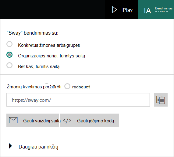 „Sway“ meniu organizacijos paskyroje