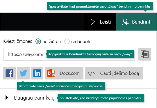 Bendrinimo parinktys „Sway“