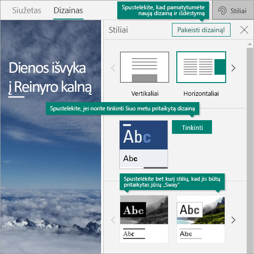 Stilių parinktys „Sway“