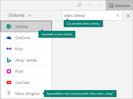 Įterpimo komanda ir turinio ieškos laukas