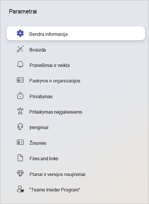 Parametrų skydo, kuriame rodomos kategorijos, pvz., Bendrosios, Privatumas ir Įrenginiai, ekrano kopija.