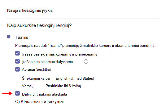 Dalyvių įtraukimo ataskaitos žymės langelio ekranas