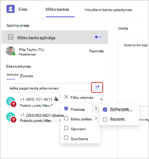 Ekrano kopija, kurioje rodoma skambučių filtro informacija programoje Eilės.