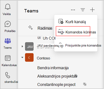 Meniu su parinktimis kurti kanalą, kurti komandą ar prisijungti prie komandos ekrano kopija. Pasirinkite Kurti komandą, kad sukurtumėte komandą. Jame taip pat rodomas esamų komandų ir kanalų sąrašas.