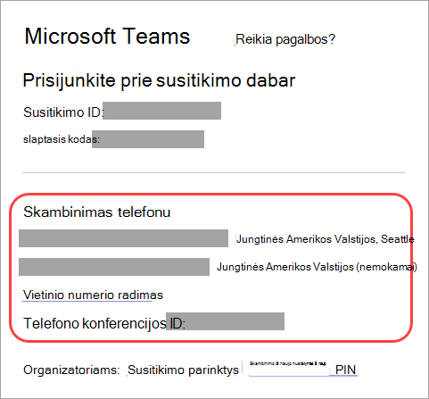 Ekrano kopija, kurioje matoma, kur galite paskambinti į 