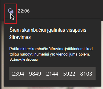 Pelė užveda pelės žymiklį virš šifravimo skydo piktogramos. Pranešime su numerių grupe rodoma, kad asmuo turi patikrinti, ar numeriai sutampa su kitų skambučio dalyvių numeriais, kad įsitikintų, jog vyksta visapusio šifravimo skambutis.