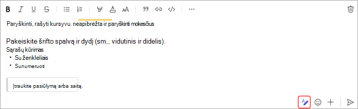 Ekrano kopija, kurioje matomos pokalbio pranešimo formatavimo parinktys