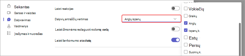 Susitikimo parinktis, rodanti, kaip įtraukti kalbų tiesiogiai išverstiems titrams įvykyje.