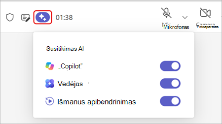 Ekrano nuotrauka, kurioje paryškinta susitikimo DI parinktis 