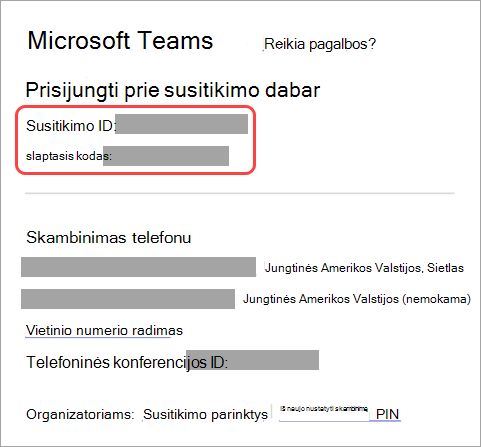 Ekrano kopija, rodanti, kur rasti susitikimo pakvietimo ID ir slaptąjį kodą.