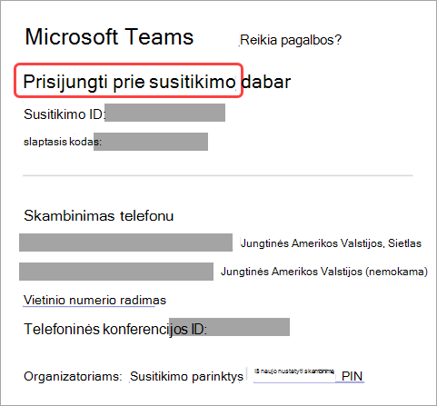 Ekrano kopija, rodanti, kaip prisijungti prie susitikimo naudojant kvietimą.
