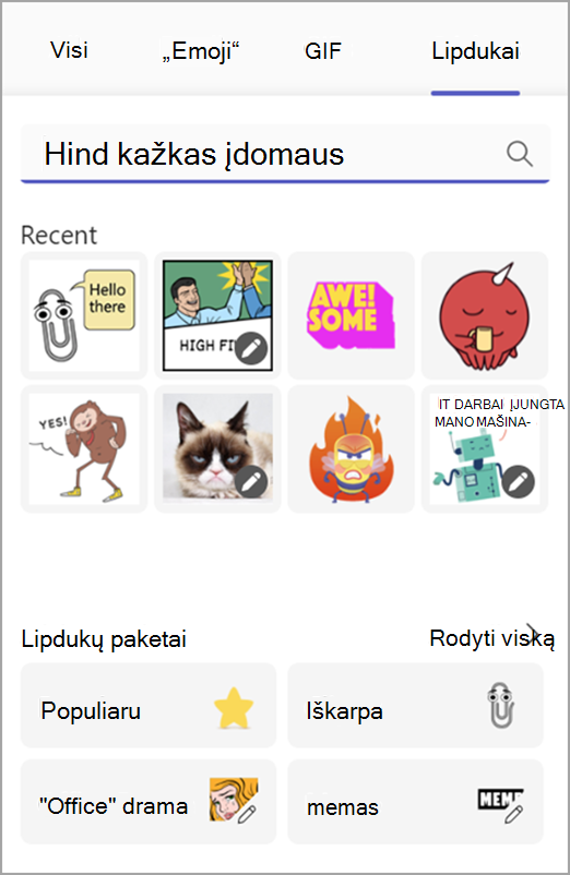 Ekrano kopija, kurioje memai ir lipdukai rodomi linksmybių parinkiklyje
