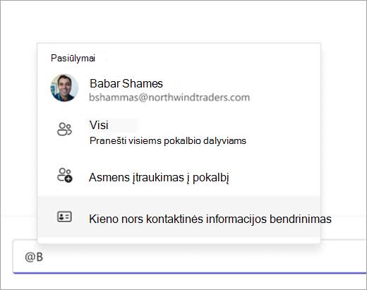 Ekrano kopija, rodanti, kaip iškelti kontaktą, kad jis bendrintų naudojant @mention.
