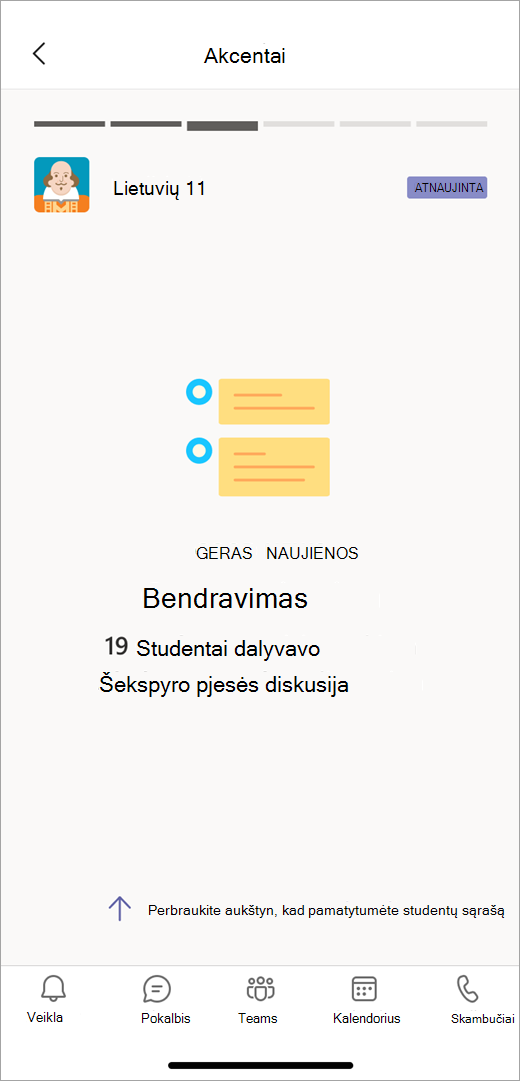 Komunikacijos duomenų akcentas iš įžvalgų mobiliajame rodinyje rodo, kad 19 mokinių dalyvavo diskusijoje apie Šekspyrą.