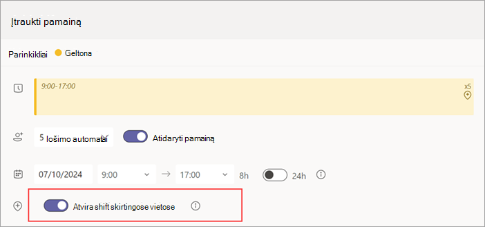 Ekrano kopija, kurioje rodomas atidarytos pamainos perjungimas Atidaryti pamainą skirtingose vietose.