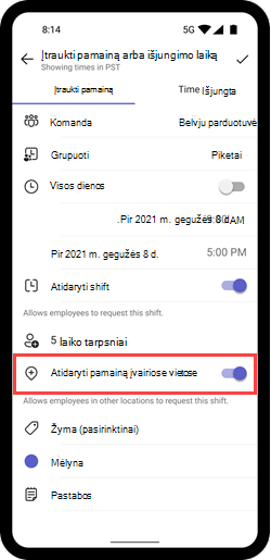 Ekrano kopija, kurioje rodomas perjungimas Atidaryti pamainą skirtingose vietose mobiliajame įrenginyje.