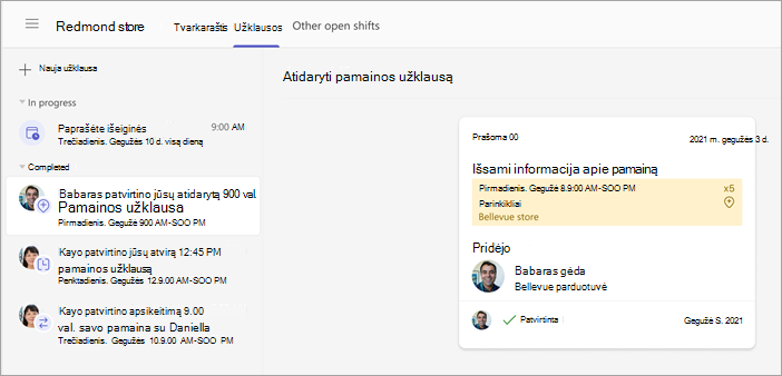 Vadovo patvirtintos darbuotojų atidarymo pamainos užklausos ekrano kopija.