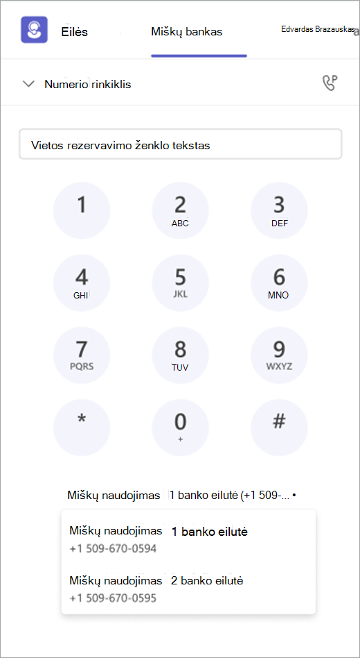Numerio rinkiklio su siunčiamų skambučių parinktimis ekrano kopija