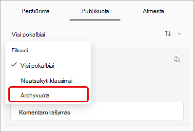 K&A filtro išplečiamojo meniu su paryškintu archyvu ekrano kopija.