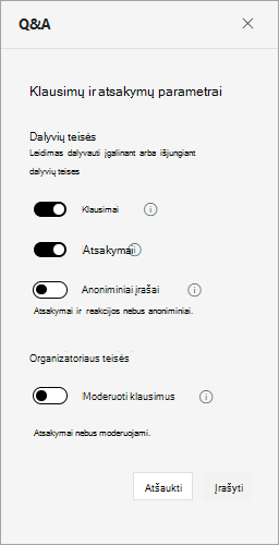 Ekrano kopija, kurioje matyti QandA parametrai didelės auditorijos susitikimo metu