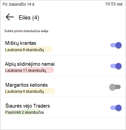 Ekrano kopija, rodanti, kaip užsiregistruoti ir atsijungti nuo skambučių eilių