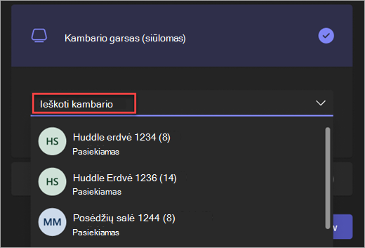 Kambario garso parinkties ieškos juostos ekrano kopija 
