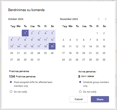 Dialogo langas Bendrinti su komanda, skirtas tvarkaraščiui bendrinti pamainomis.