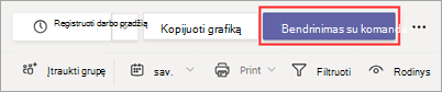 Mygtukas Bendrinti su komanda Pamainose