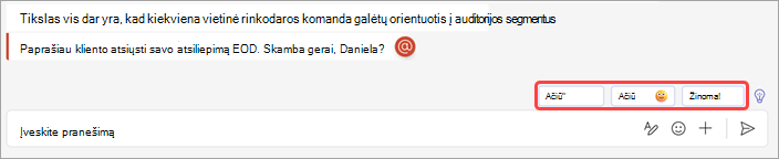 Siūlomų atsakymų pokalbyje ekrano kopija