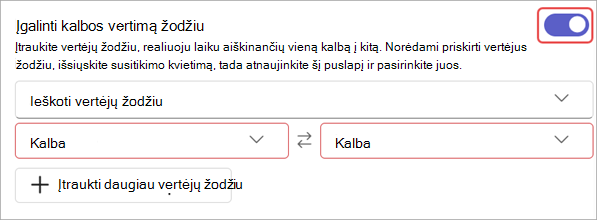 Ekrano kopija, kurioje matyti susitikimo parinkčių kalbos vertimo parametrai.