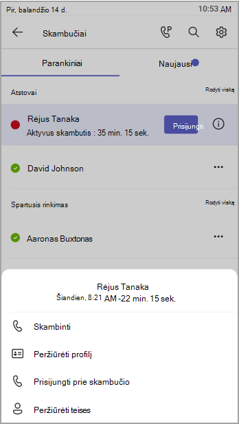 Parodyti apatinį meniu su teisių parinktimis.