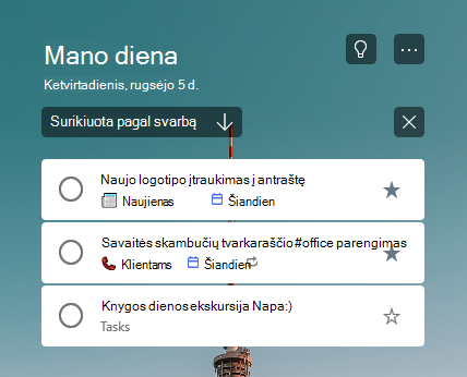 Sąrašas Mano diena, surūšiuotas pagal svarbą ir su dviem žvaigždutėmis pažymėtomis užduotimis sąrašo viršuje