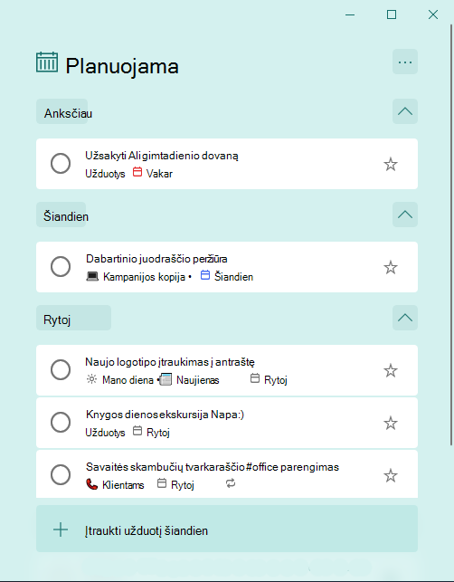 Planned smart list with tasks organized by Anksčiau, Šiandien ir Rytoj