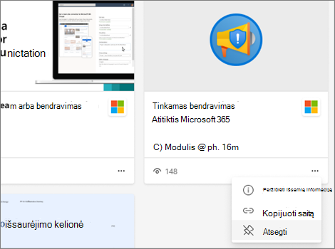 Pasirinkite ... ir pasirinkite Atsegti, kad pašalintumėte turinį iš mokymosi skirtuko