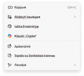 Funkcijos Spustelėkite, kad padarytumėte kontekstinio meniu su funkcija Klausti 