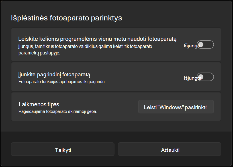 Išplėstinės kameros parinktys, kuriose rodomi parametrai, suteikiantys galimybę kelioms programėlėms naudoti fotoaparatą, įjungiant pagrindinį fotoaparatą ir pasirenkant pageidaujamą medijos tipą.
