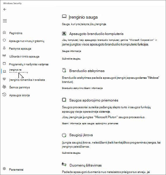 Įrenginio saugos ekrano „Windows“ sauga programoje ekrano kopija.