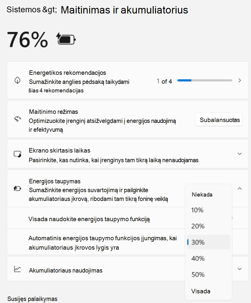 Parametrų > , sistemos, > energijos ir akumuliatoriaus > energijos taupymo ekrano nuotrauka