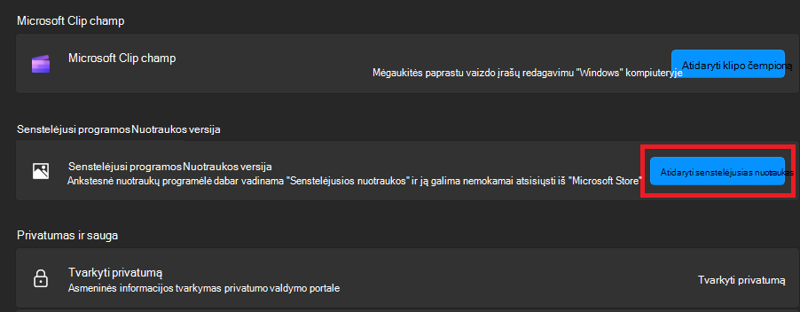 Spustelėkite Atidaryti senstelėjusią nuotraukų versiją