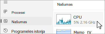 Našumo skirtukas su pasirinktu CPU.