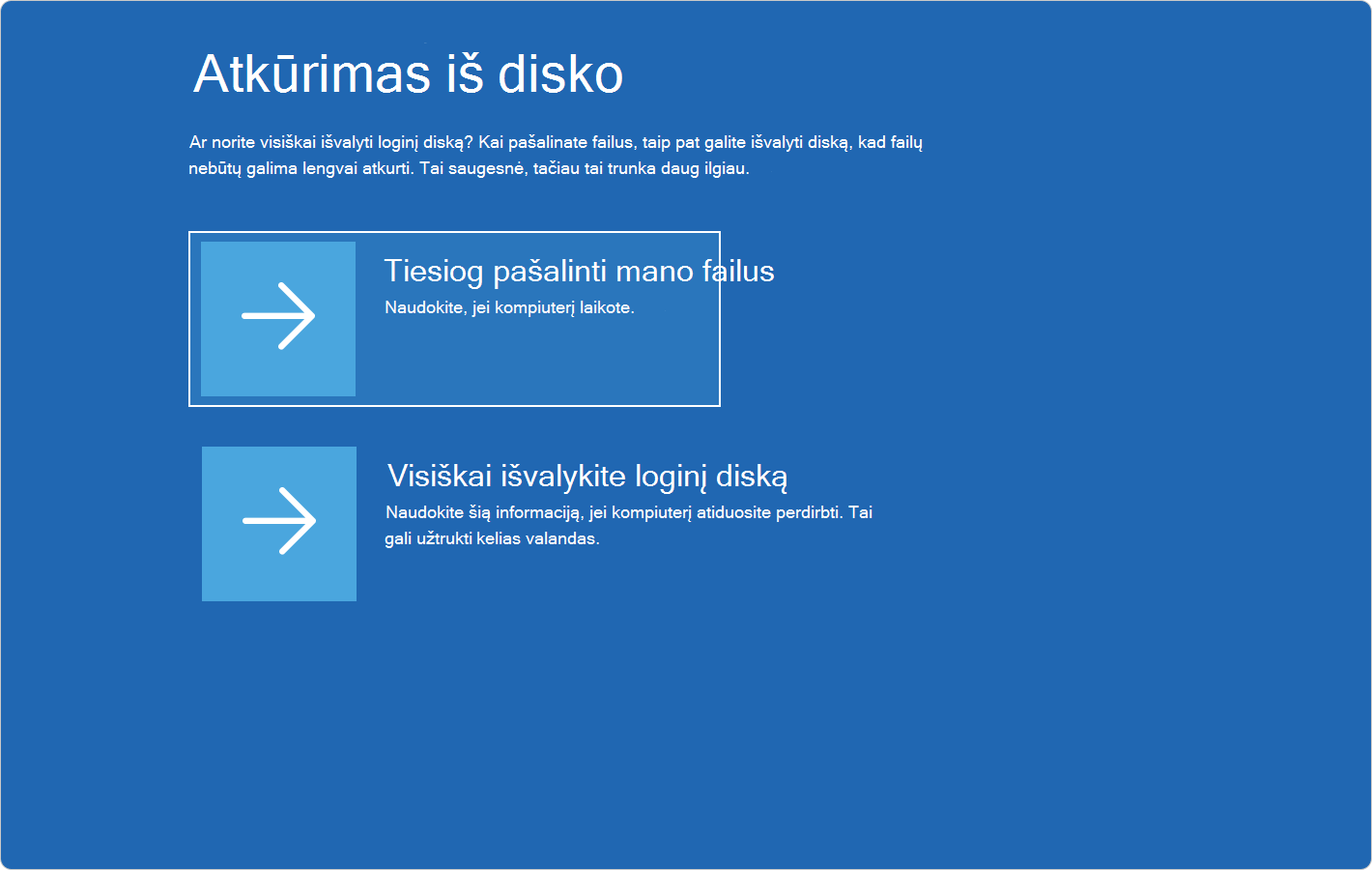 „Windows RE“ ekrano kopija, kurioje rodomos atkūrimo iš disko parinktys