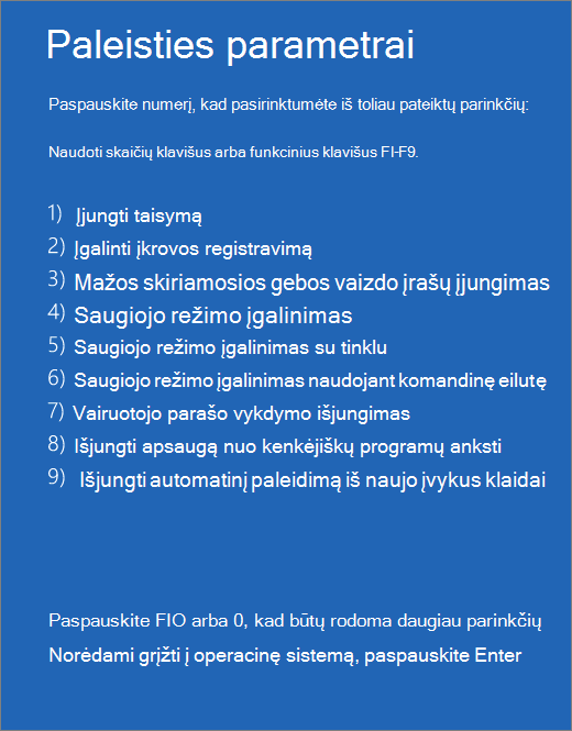 Paleisties parametrų sąrašo ekrano nuotrauka.