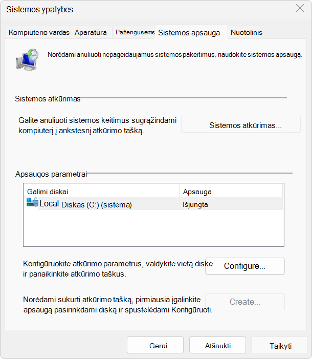 Ekrano nuotrauka, kurioje matyti sistemos apsaugos parametrai.