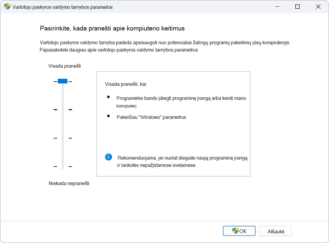 Screenshot of the settings to configure UAC.