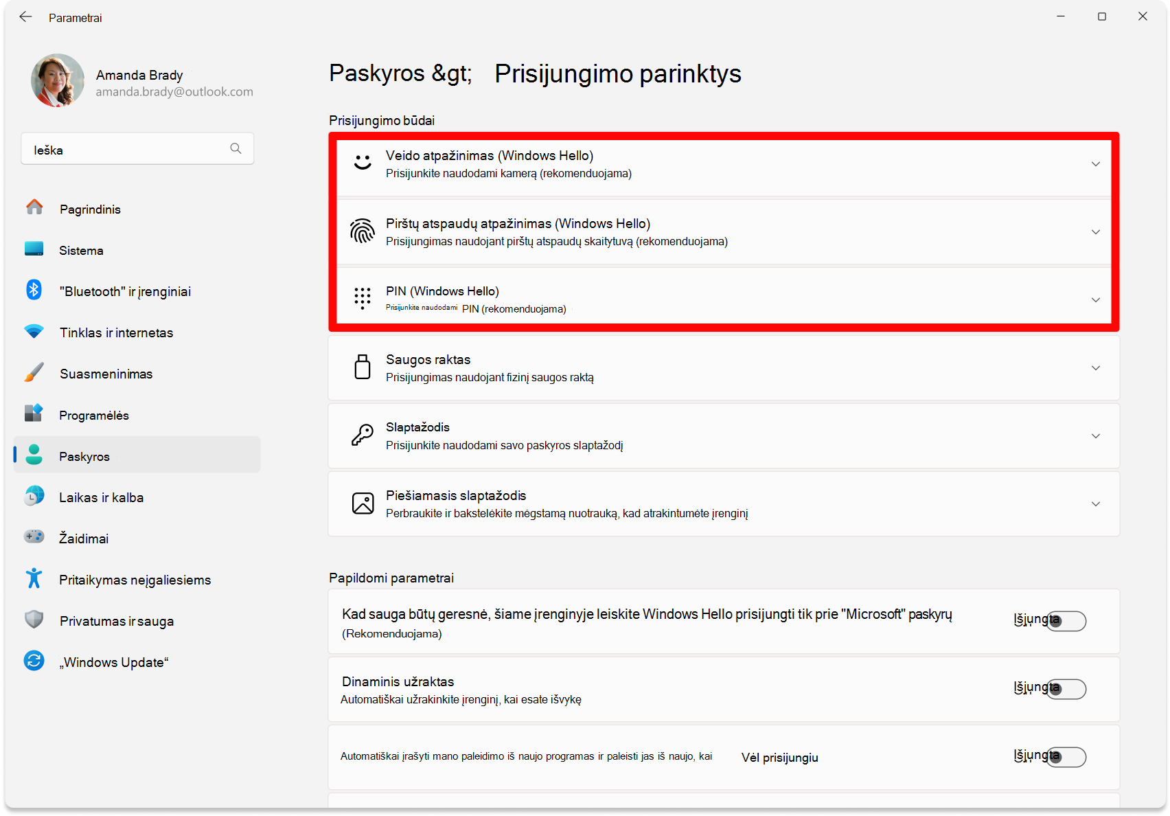 Screenshot of Settings - Options to configure Windows Hello.