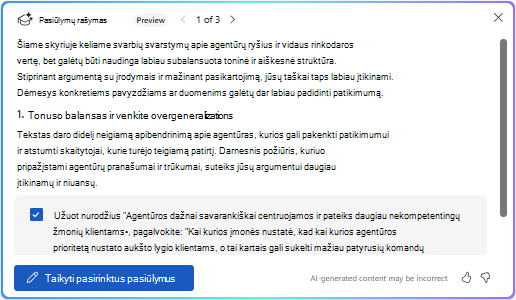 Pasirinktų pasiūlymų taikymo parinktis 